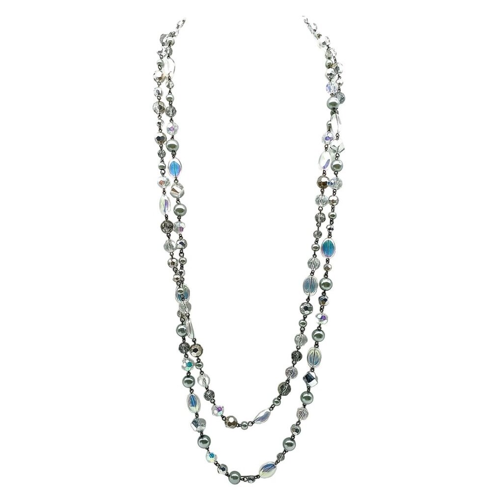 Chicos Iridescent Beaded Layered Necklace with Silver Accents on Double Strand